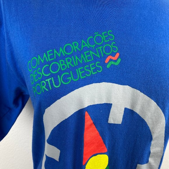 Vtg Souvenir Blue T-Shirt "Celebrations Portuguese Discoveries" Text Compass SM - Picture 2 of 9